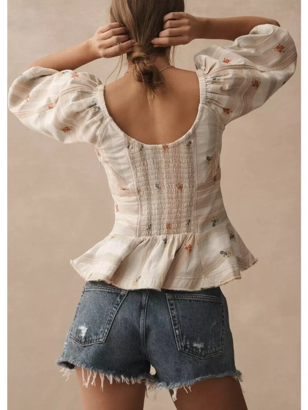 Anthropologie Pilcro Puff-Sleeve Peplum Blouse Neutral Motif Floral Cream M